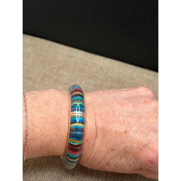 Jay King Sterling Silver Rainbow Calsilica Hinged Bangle Bracelet with Box - Picture 7 of 7